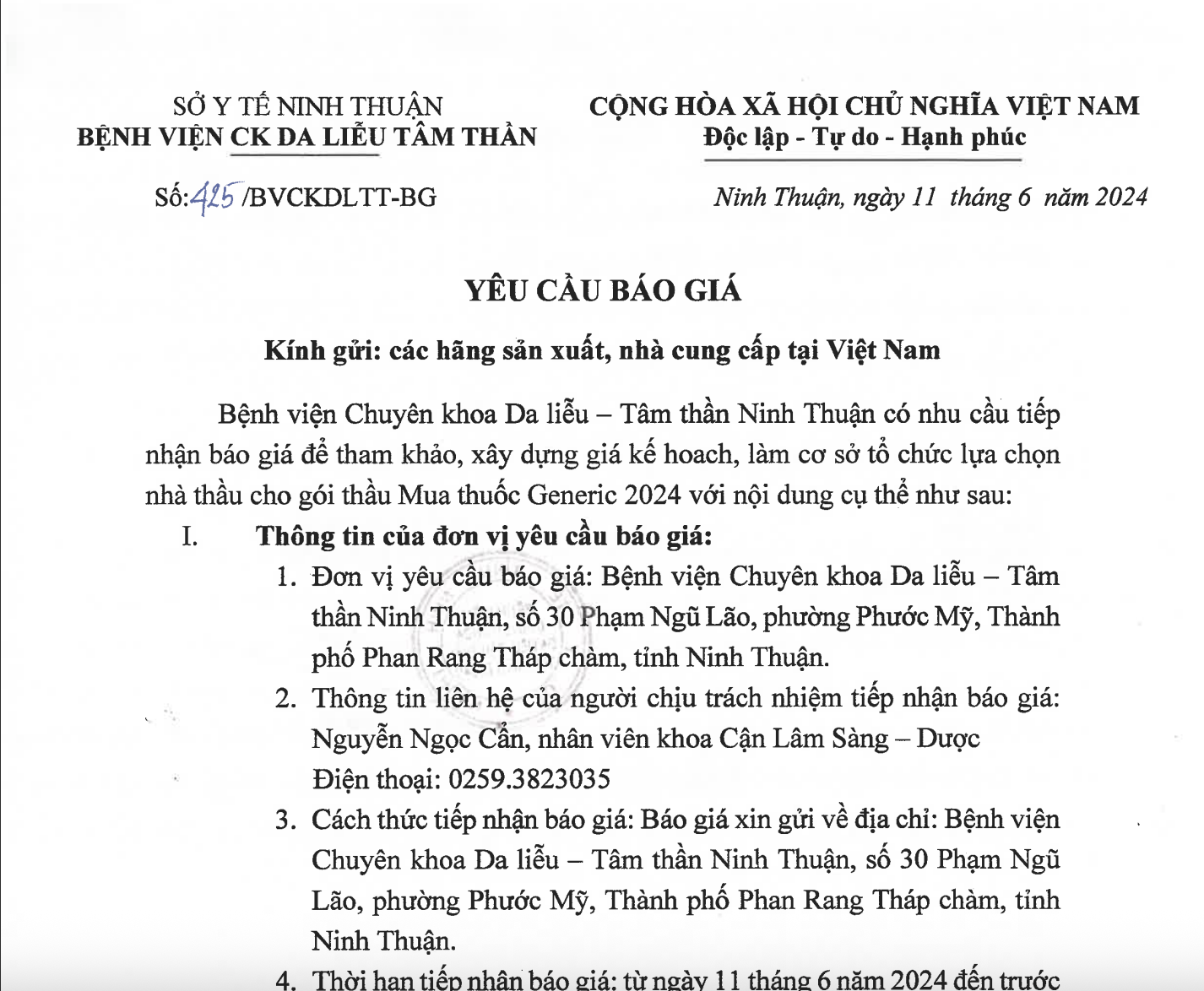 THƯ MỜI BÁO GIÁ Mua thuốc Generic 2024