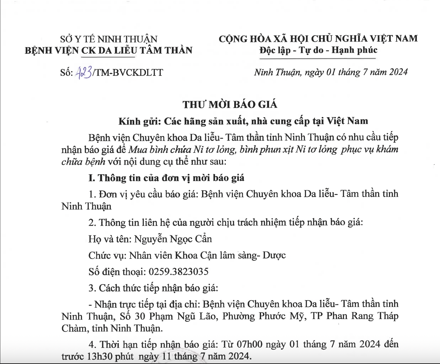 THƯ MỜI BÁO GIÁ Mua bình chứa Nitơ lỏng, bình phun xịt Nitơ lỏng phục vụ khám chữa bệnh