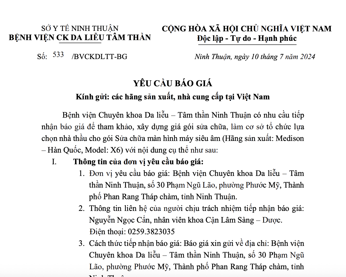 THƯ MỜI BÁO GIÁ Sửa chữa màn hình máy siêu âm