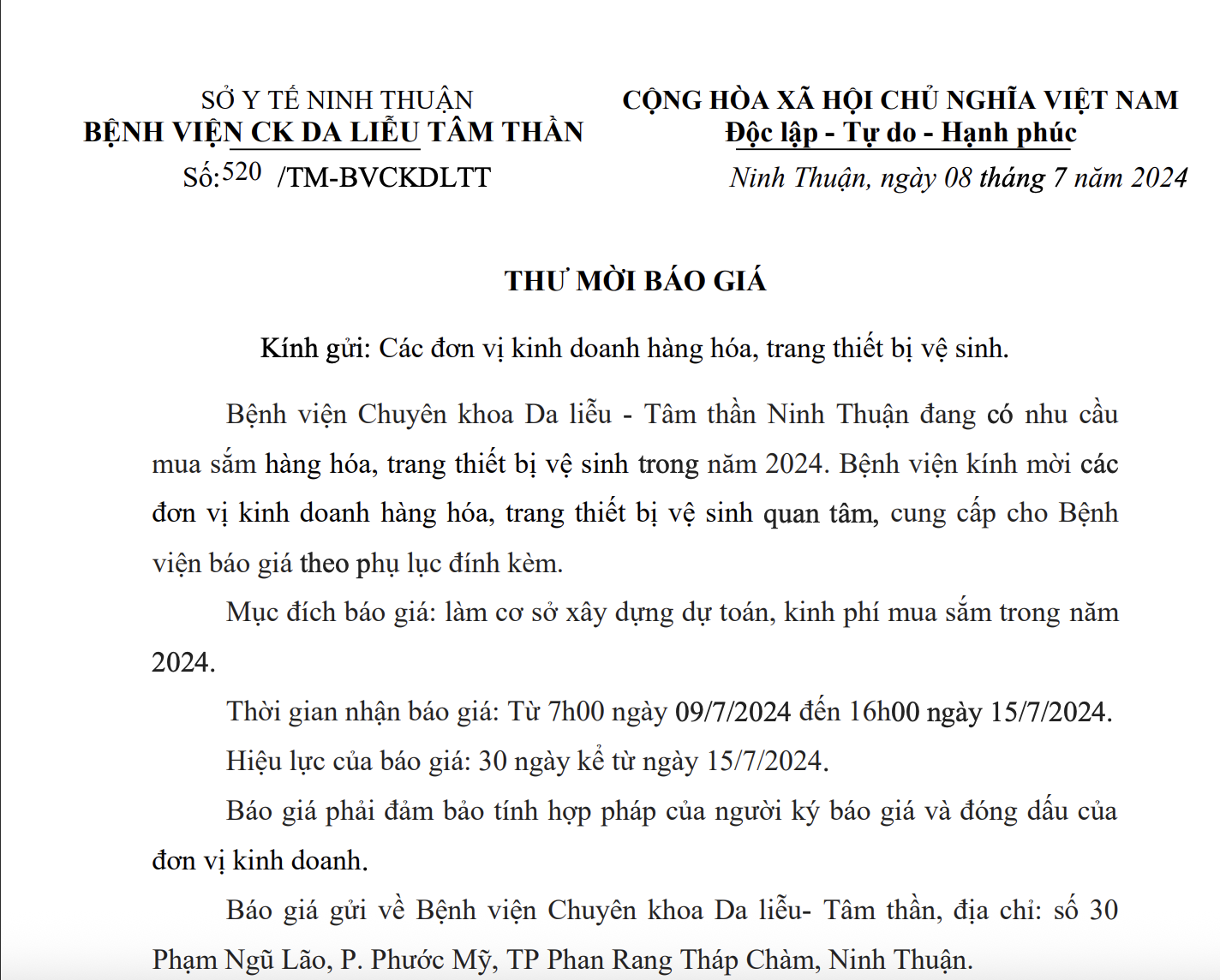 THƯ MỜI BÁO GIÁ Hàng hóa, trang thiết bị vệ sinh