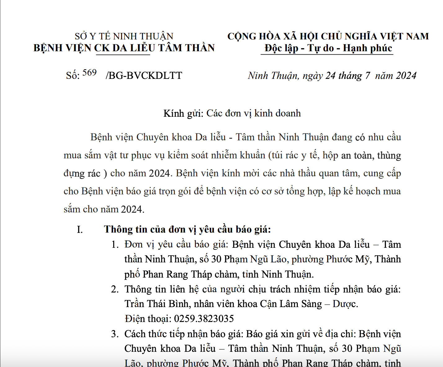THƯ MỜI BÁO GIÁ Mua vật tư phục vụ Kiểm soát nhiễm khuẩn năm 2024