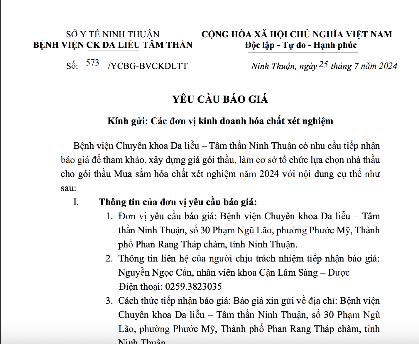 YÊU CẦU BÁO GIÁ cho gói thầu Mua sắm hóa chất xét nghiệm năm 2024