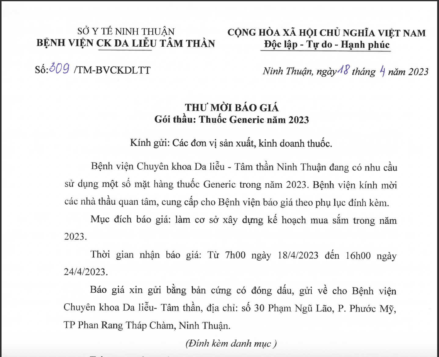 Thư mời báo giá Thuốc Generic năm 2023