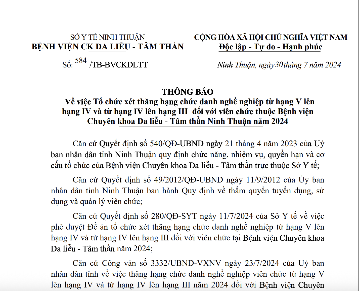 THÔNG BÁO Về việc Tổ chức xét thăng hạng chức danh nghề nghiệp từ hạng V lên hạng IV và từ hạng IV lên hạng III đối với viên chức thuộc Bệnh viện Chuyên khoa Da liễu - Tâm thần Ninh Thuận năm 2024