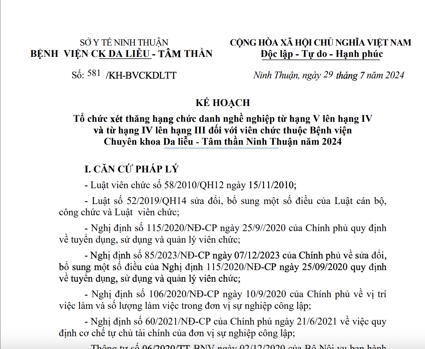 KẾ HOẠCH Tổ chức xét thăng hạng chức danh nghề nghiệp từ hạng V lên hạng IV và từ hạng IV lên hạng III đối với viên chức thuộc Bệnh viện Chuyên khoa Da liễu - Tâm thần Ninh Thuận năm 2024