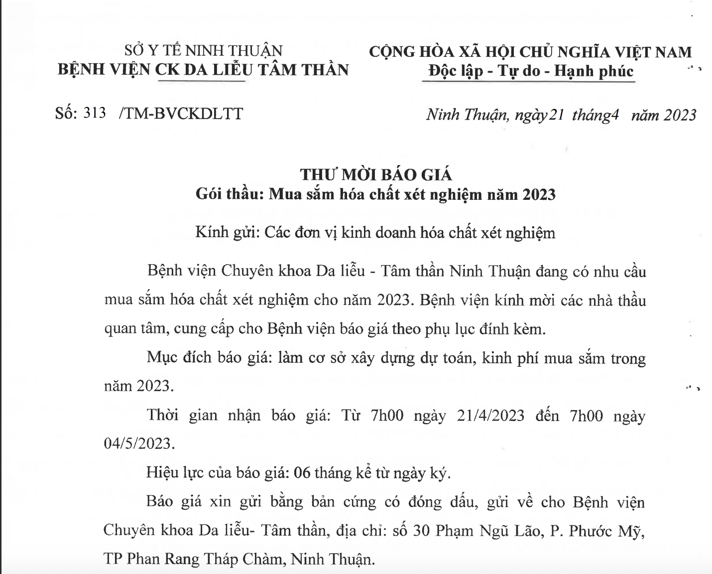 Thư mời báo giá Mua sắm hóa chất xét nghiệm năm 2023