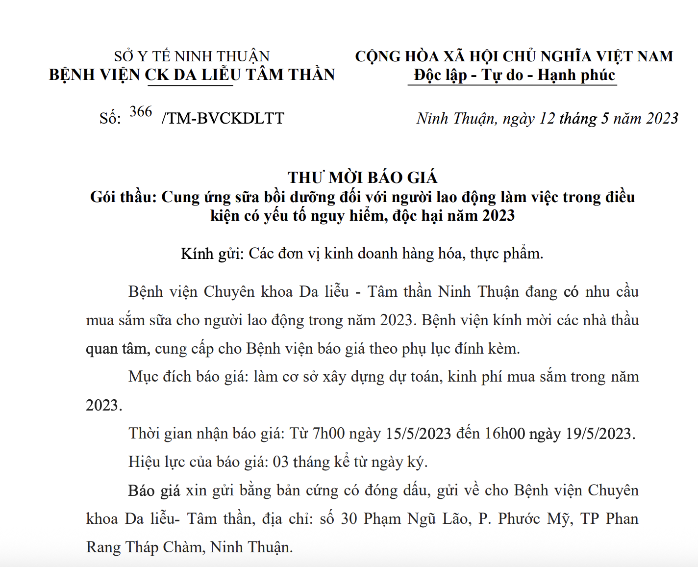 Thư mời báo giá Cung ứng sữa bồi dưỡng đối với người lao động làm việc trong điều kiện có yếu tố nguy hiểm, độc hại năm 2023