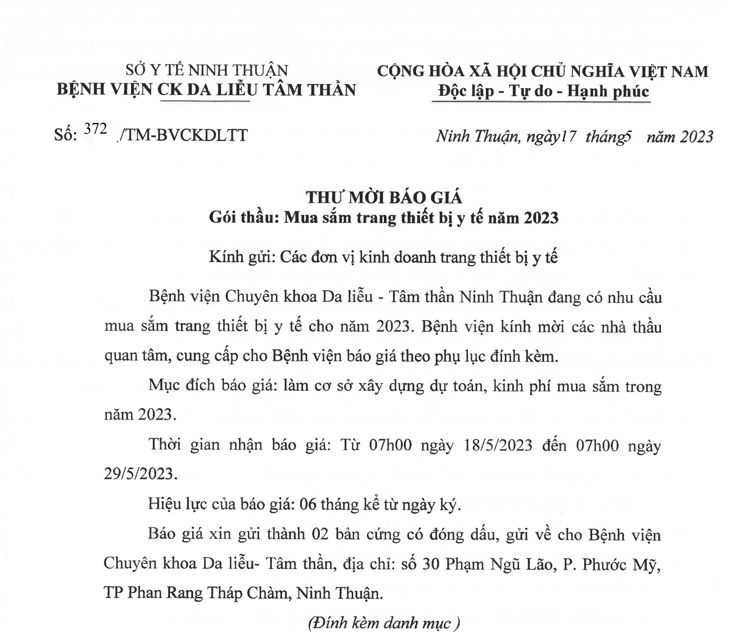 Thư mời báo giá Mua sắm trang thiết bị năm 2023