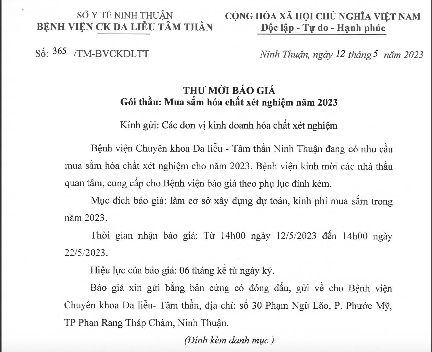Thư mời báo giá Mua sắm hóa chất xét nghiệm năm 2023