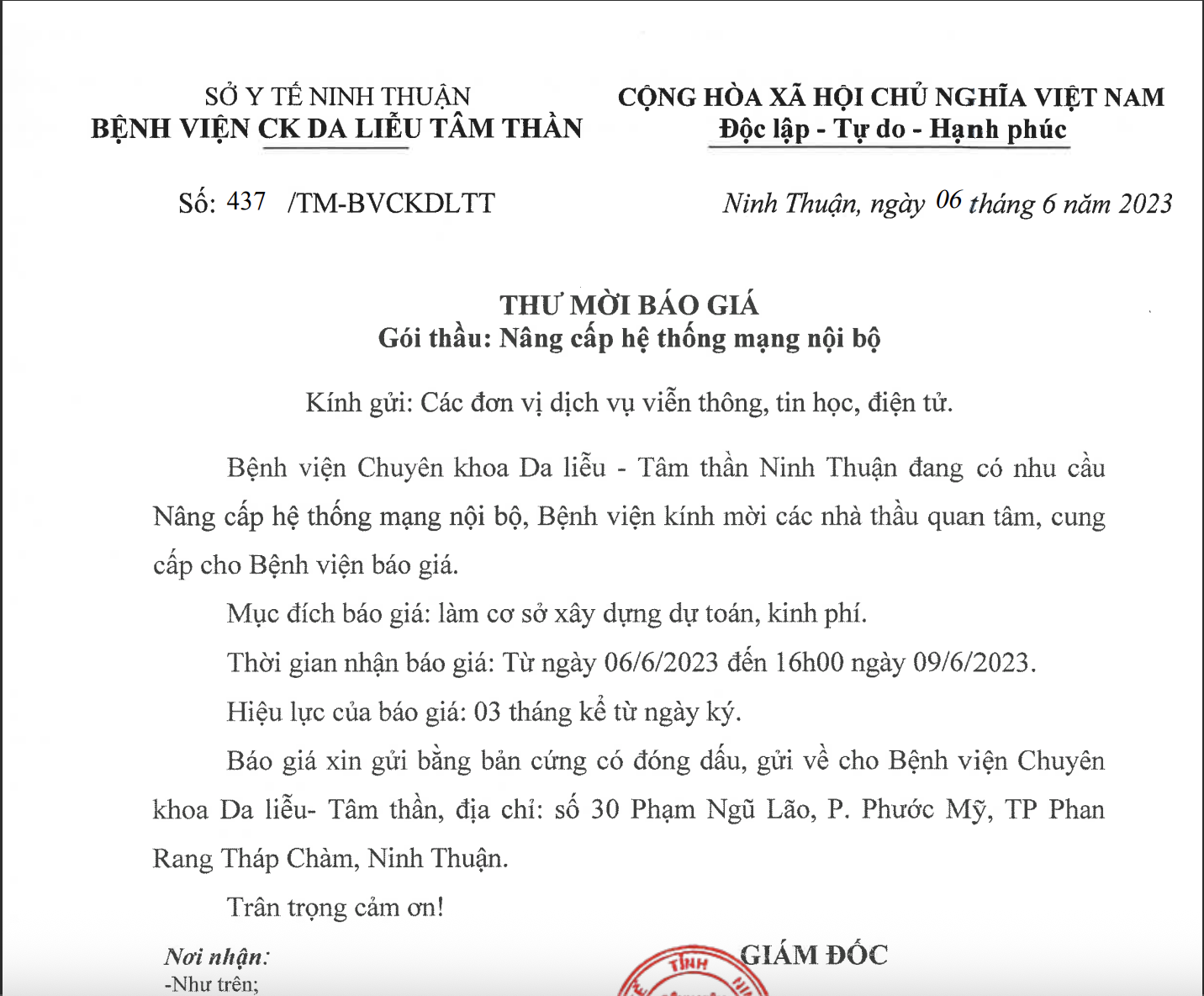 Thư mời báo giá Nâng cấp hệ thống mạng nội bộ